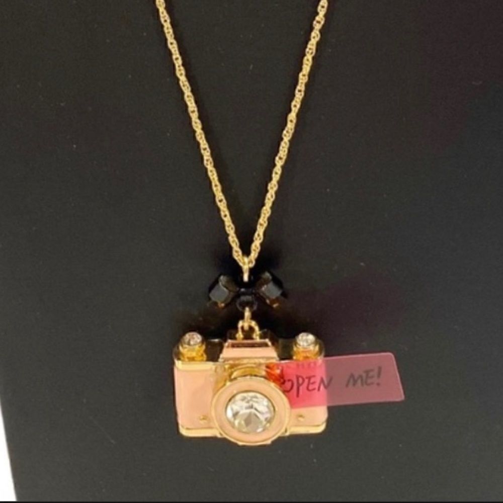 Betsey Johnson Adorable Pink Camera Pendant w/ Crystal Accents & Black Bow.